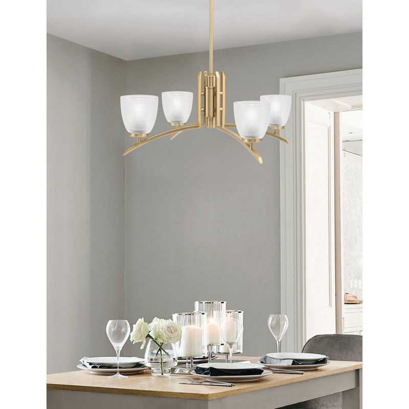 Lustre lumineux en verre nervuré 5 po Kurve, H 58,25 po x l 26,5 po x P 26,5 po, Laiton New Age, 4