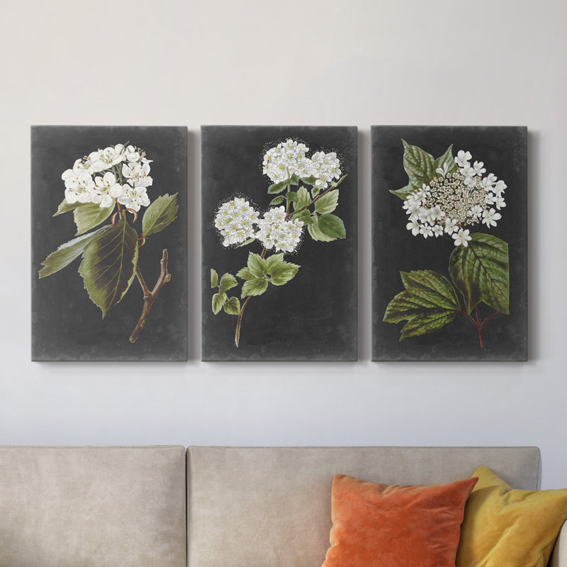 «Dramatic White Flowers I», ensemble de 3 impressions sur toile tendue, H 18 po x l 36 po x P 1 po