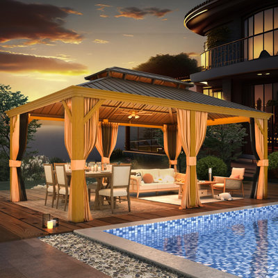 12'X18' Hardtop Gazebo, With Wood Grain Aluminum Frame, Outdoor Permanent Metal Pavilion With Curtains & Nettings For Patio, Backyard And Deck