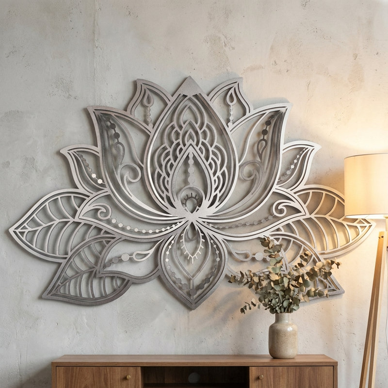 3D Lotus Mandala Metal Wall Art, 22" H x 36" W x 1" D, Silver