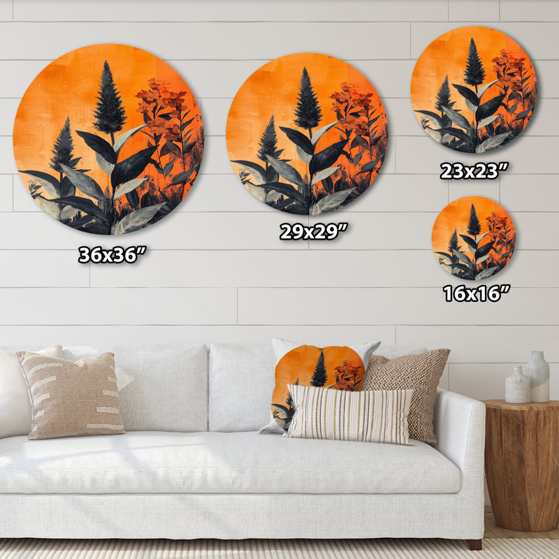 The Fiery Expressionism Tropical Forest II - Plantes, art mural rond en métal, H 16 po x l 16 po