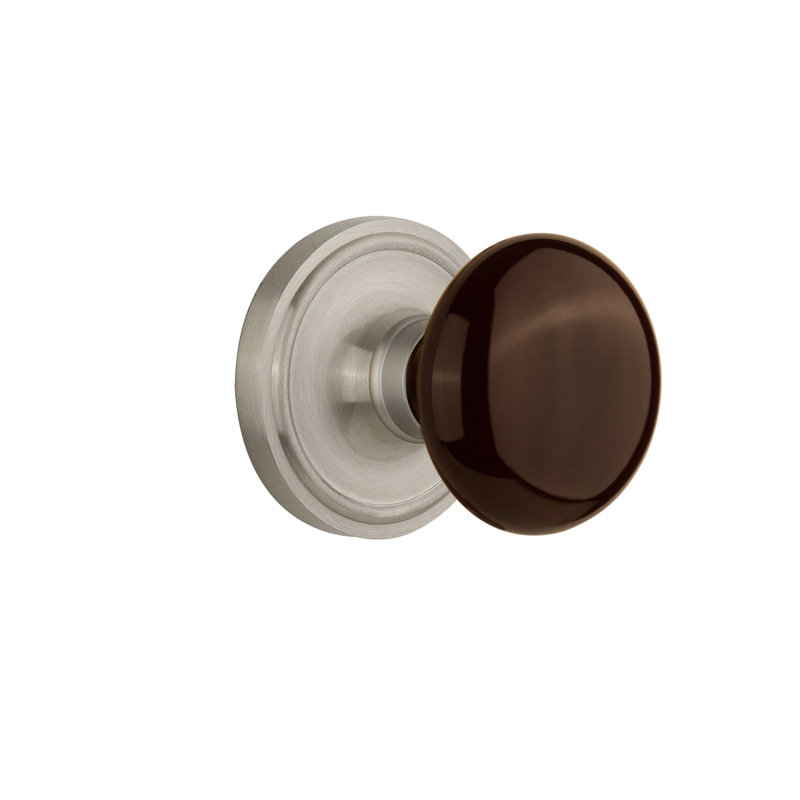 Classic Rosette with Brown Porcelain Door Knob, Satin Nickel, 2-3/8"
