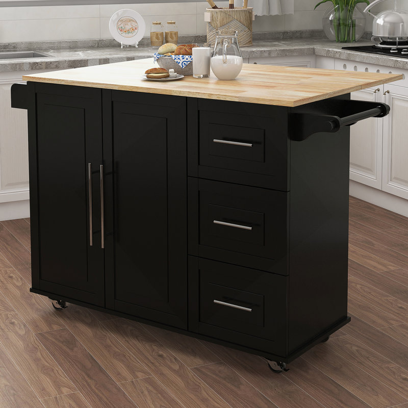 Îlot de cuisine avec porte-épices, porte-serviettes et table extensible en bois massif