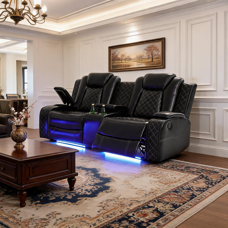 Causeuse inclinable noire en similicuir respirant avec éclairage ambiant à DEL, charge USB, porte-gobelets et seau de rangement