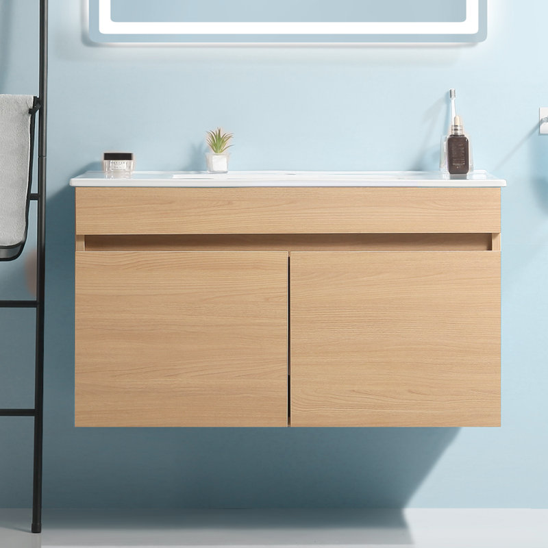 Meuble-lavabo compact en bois massif chêne clair autoportant pour les petites salles de bain