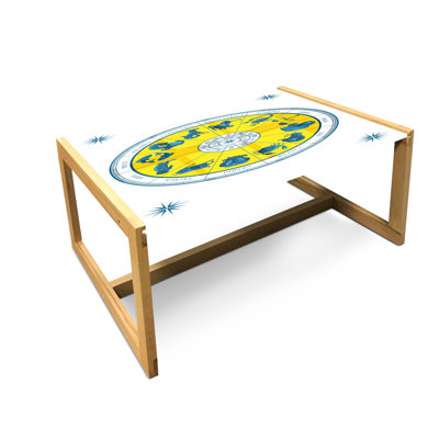 Table basse East Urban Home Astrology, carte du Zodiaque natal moderne avec imprimé ésotérique coloré, table de centre en verre acrylique avec cadre en bois pour les dortoirs de bureaux, jaune bleu