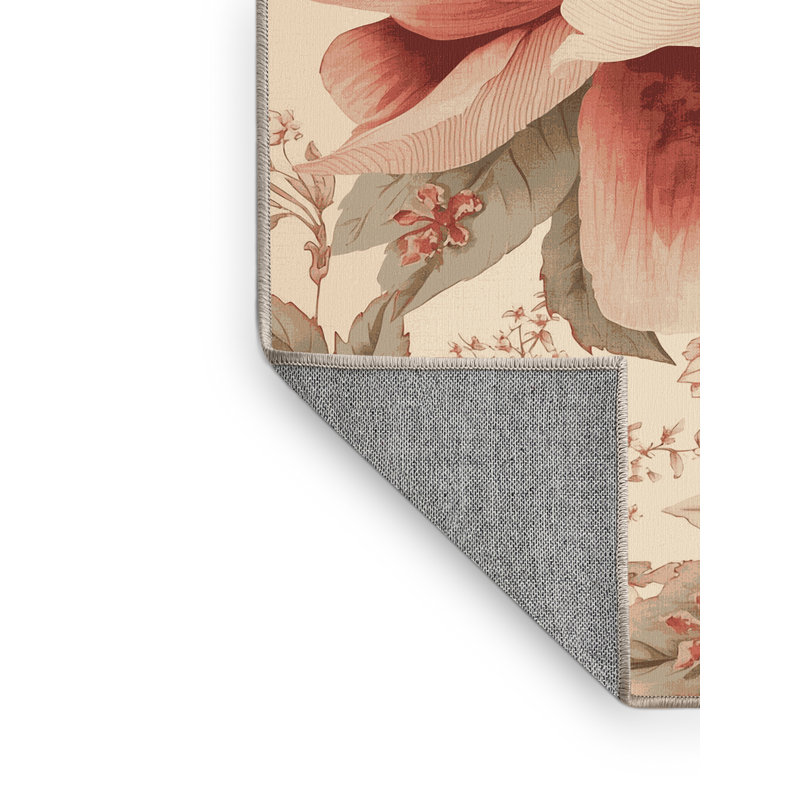 Machine Washable Ottwell Peony French Country Floral Rug in Beige – Beige Binding, 6x9