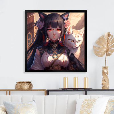 Femme d'anime avec un chat blanc - reproduction sur toile