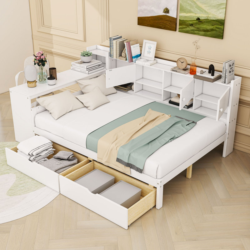L-Shape Daybed with Ample Storage and Study Desk, White, Full