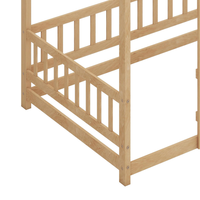Lit de plancher en forme de maison avec structure de toit et barrières de sécurité intégrées