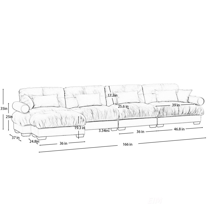 Canapé modulaire de 166 po de largeur, Velours brun clair