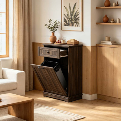 Armoire à poubelle basculante de 38 litres avec tiroir escamotable, meuble de tri des déchets autoportant en bois pour la cuisine et le salon, brun antique