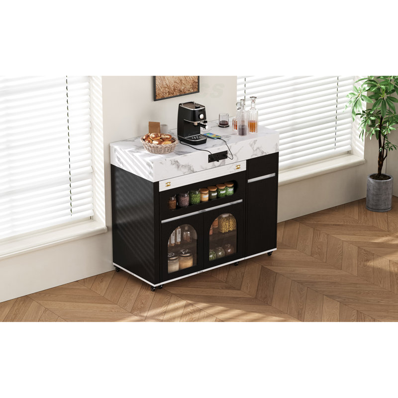 Extendable Dining Table With Extra-Long Folding Top, Rolling Kitchen Island With Drawers, Power Outlet And Brake Lock, Storage Cabinet For Kitchen And Dining Room (Black + Marble White), Kitchen Island
