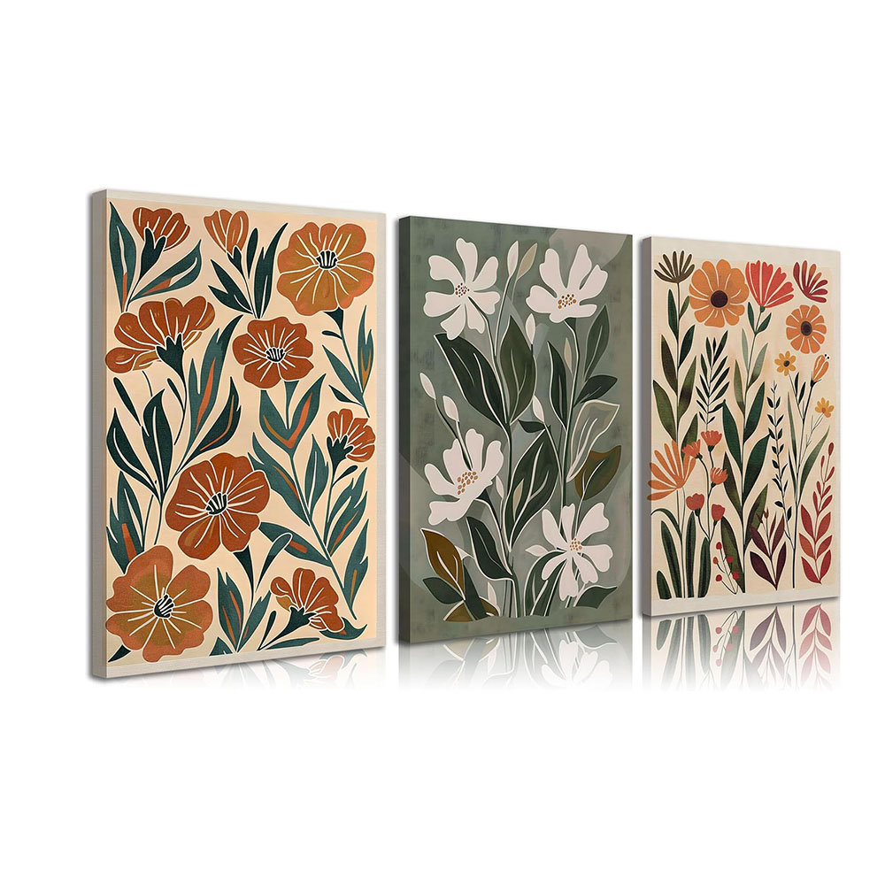 3Pcs Abstract Boho Floral Canvas Wall Art Green Beige Flower Market Posters Prints Minimalist Colorful Botanical Wall Decor Pictures For Living Room B
