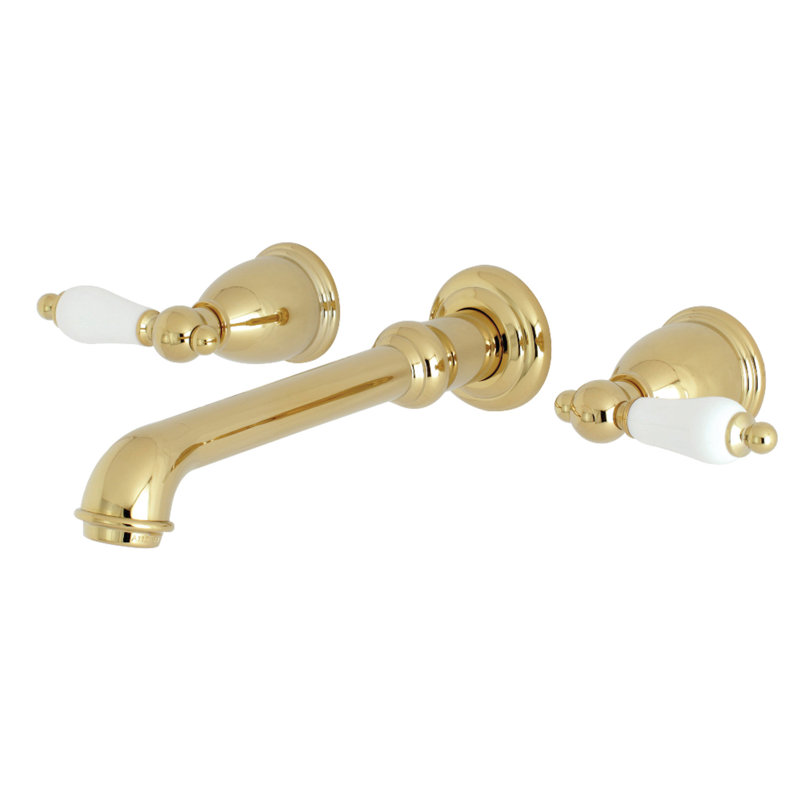 Robinet de salle de bain mural 3 trous Kingston Brass English Country, Laiton poli / blanc