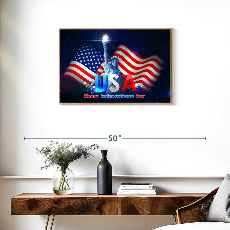 Statue de la liberté, drapeau des États-Unis, Cadre flottant en bois naturel, 31 po x 21 po