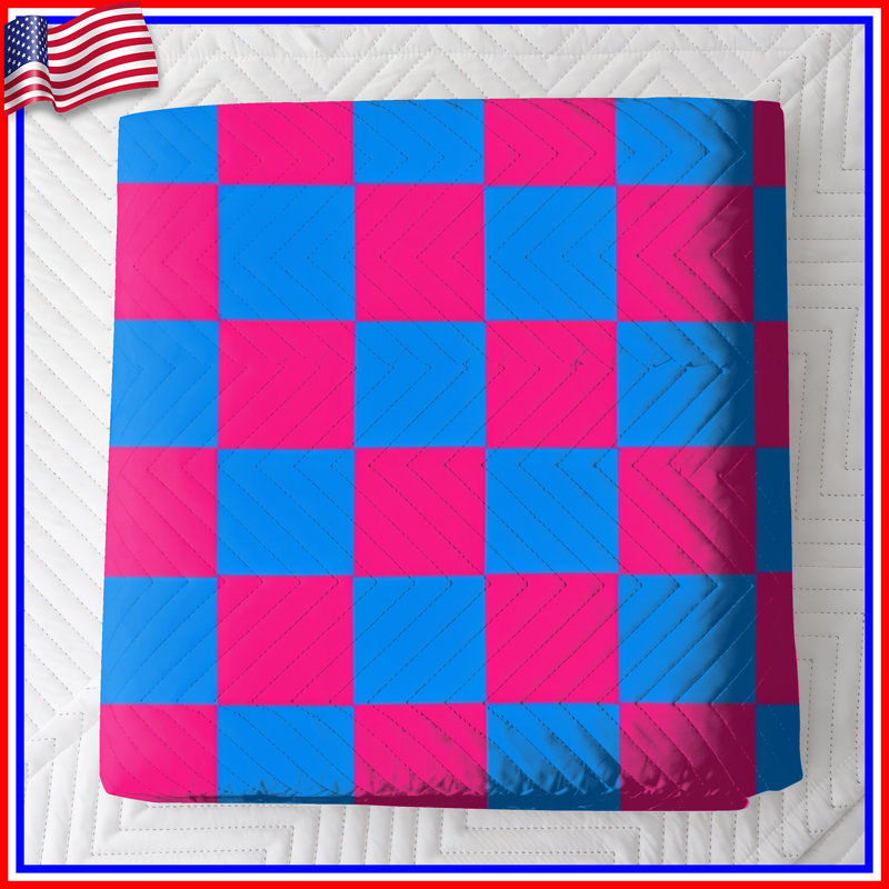 Blue Pink Checkered Quilted Bedspread All Sizes, Full / Double