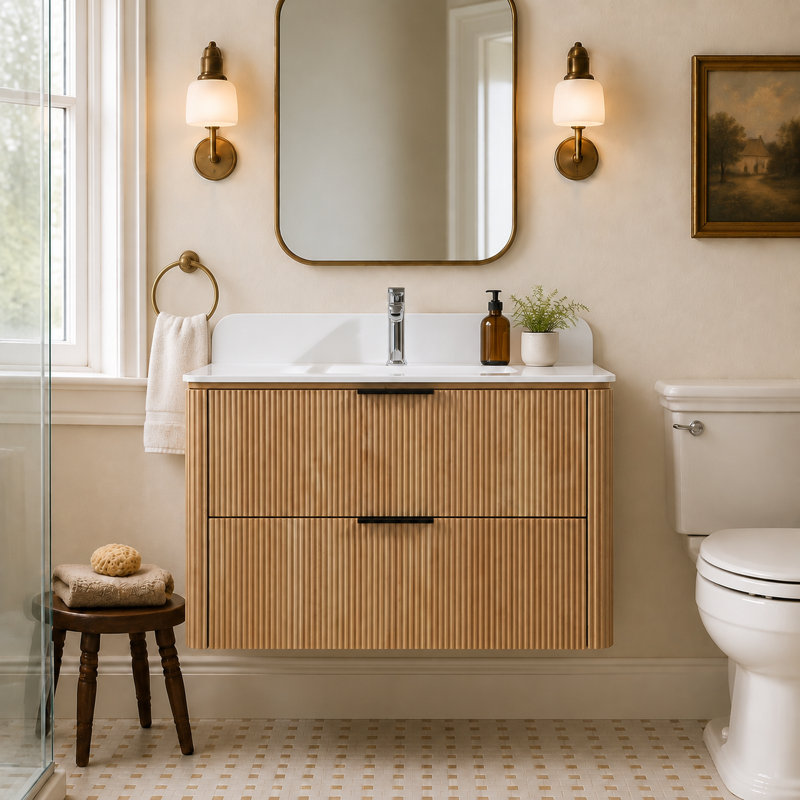 Meuble-lavabo simple moderne de 91 cm (36 po) à texture cannelée, fini bois naturel, avec lavabo intégré en surface solide blanc mat