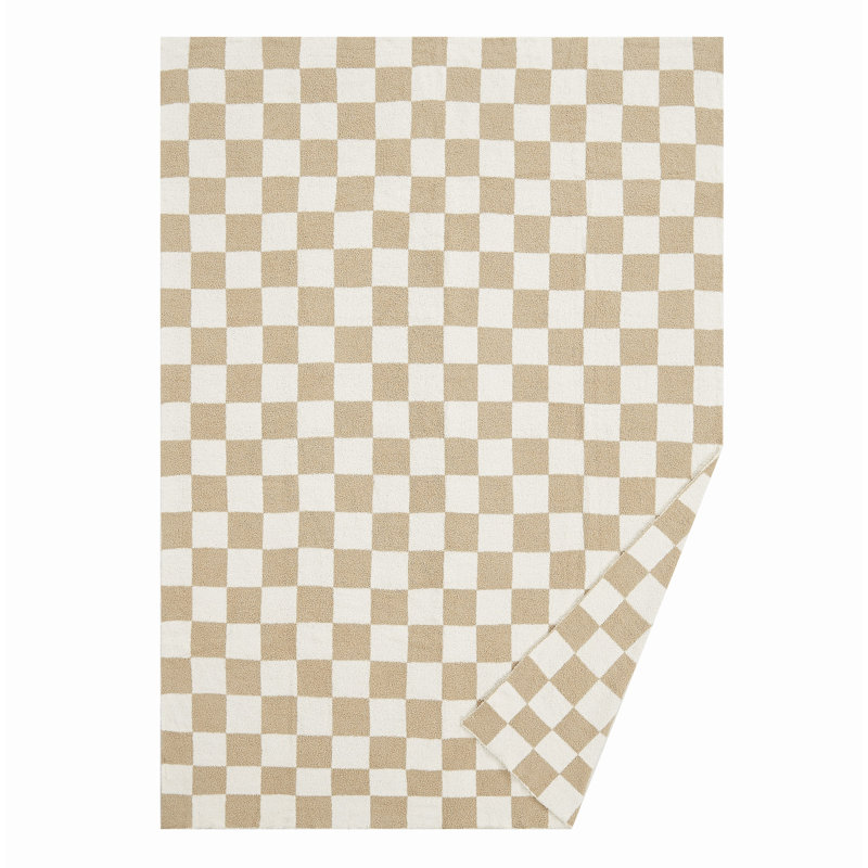 Jeté réversible en damier Trely Soft, Blanc cassé / Beige