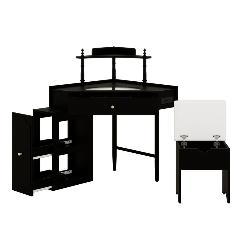 Bureau de coiffeuse d'angle triangulaire avec station de charge, tabouret rembourré, armoire latérale coulissante, plateau de table en verre, tiroir et tablette