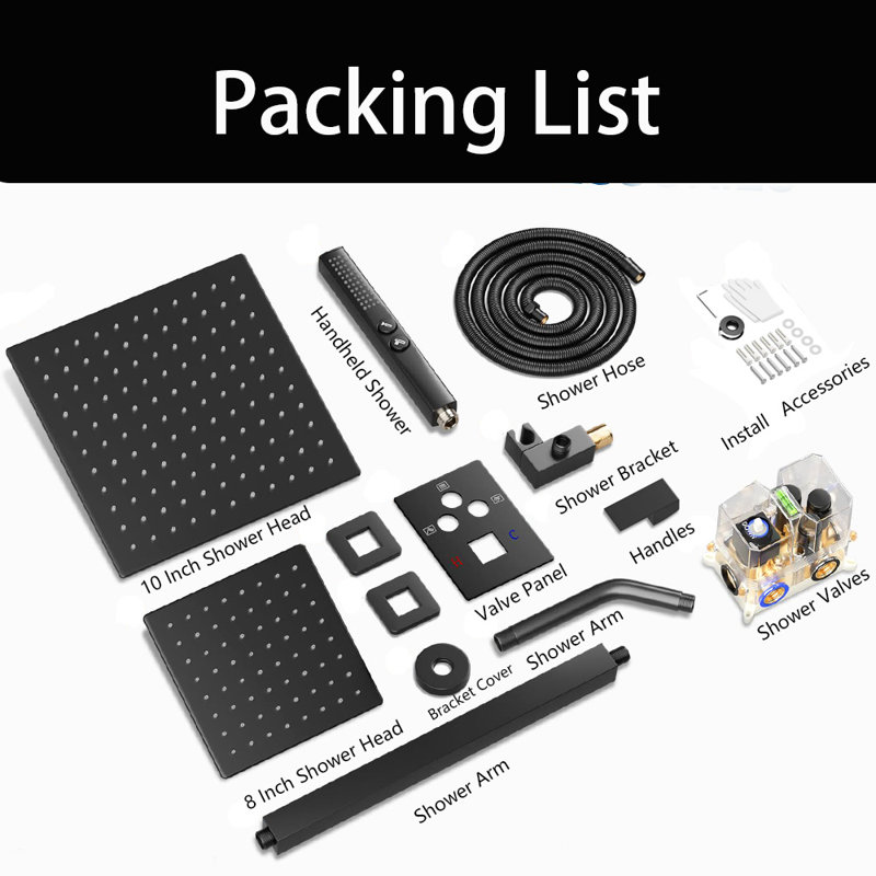 Ceiling Mount 10 Inch Shower Head With Wall Mount 6 Inch Shower Head And 2 In 1 Handheld Spray, Black
