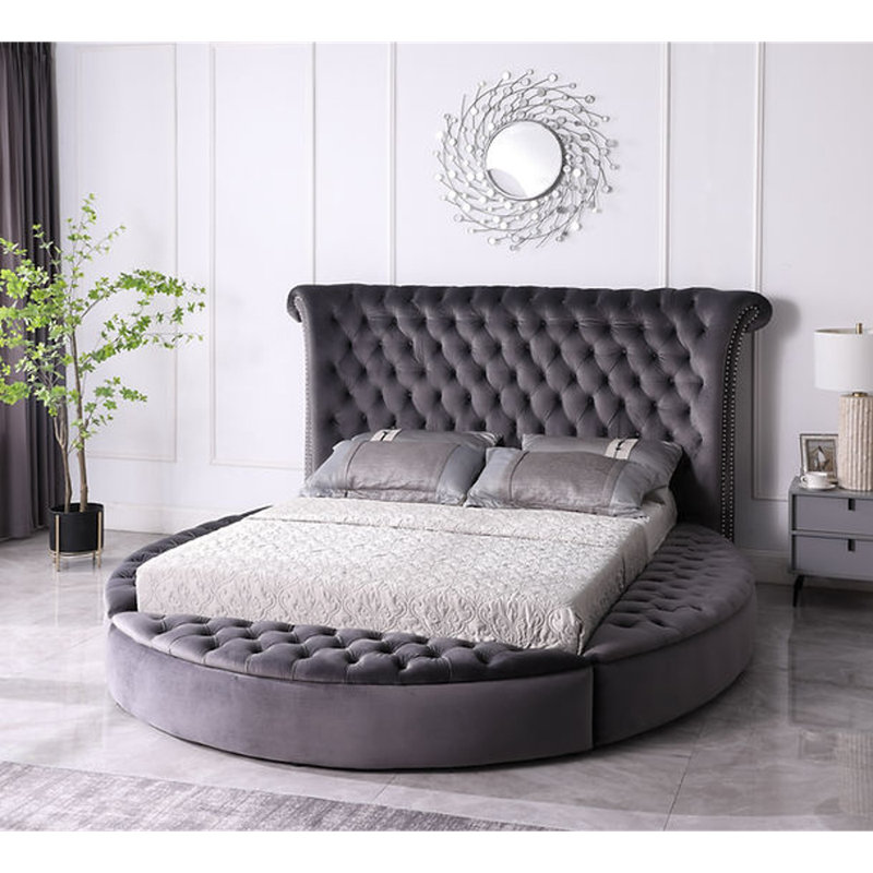 Lit plateforme tapissier Kametra, gris, Grand lit