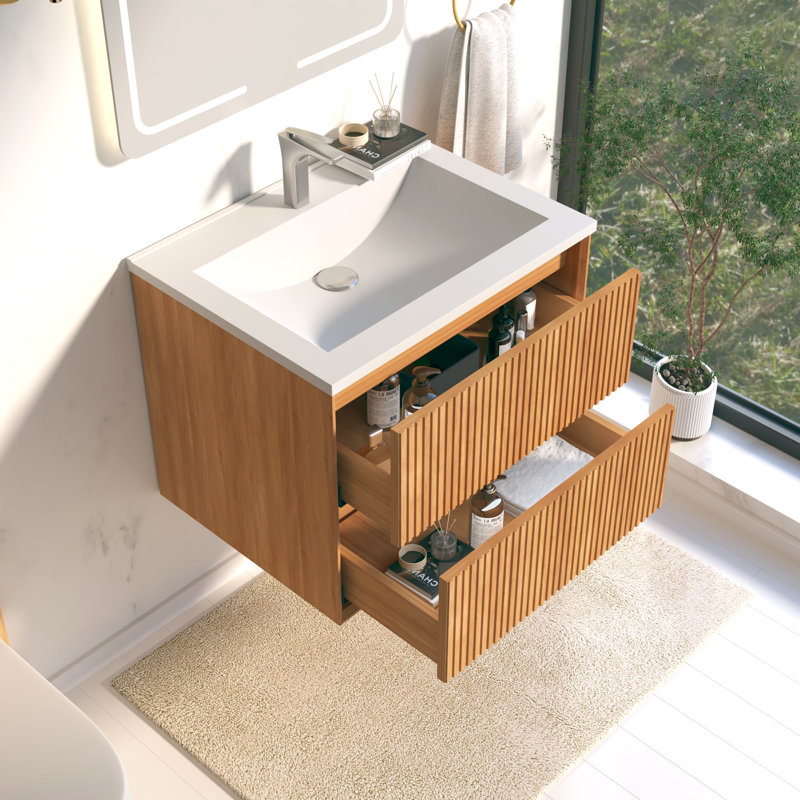  Meuble-lavabo flottant moderne 24 po avec comptoir intégré en bois naturel