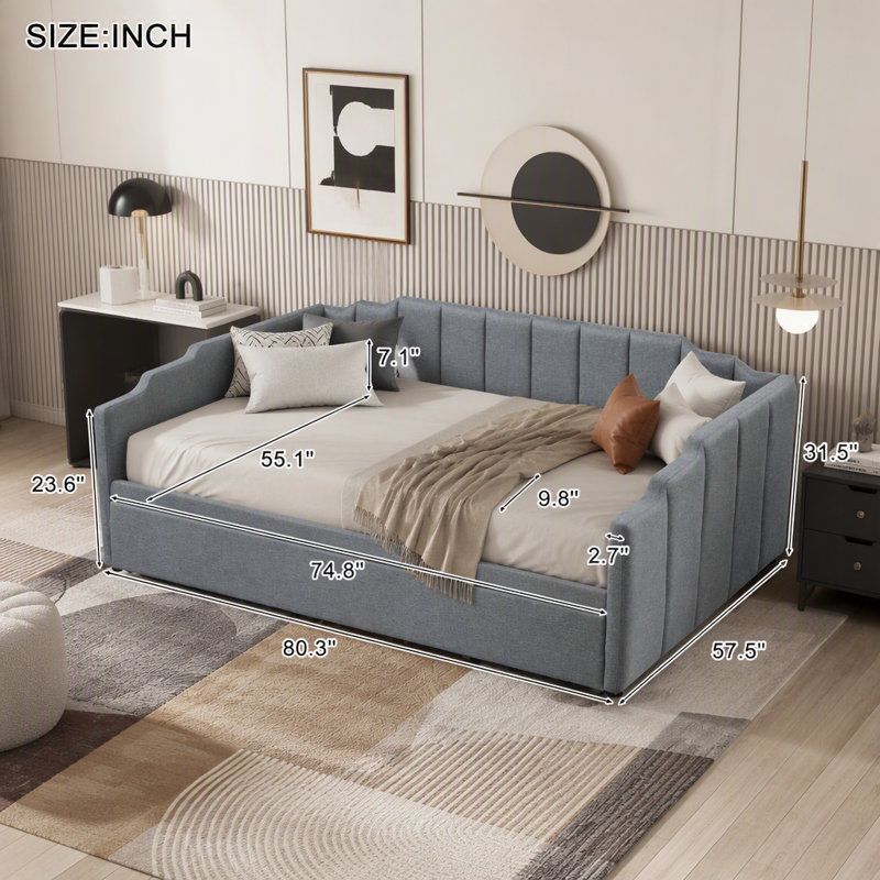 Lit de jour double rembourré avec rangement inférieur, gris, Grey