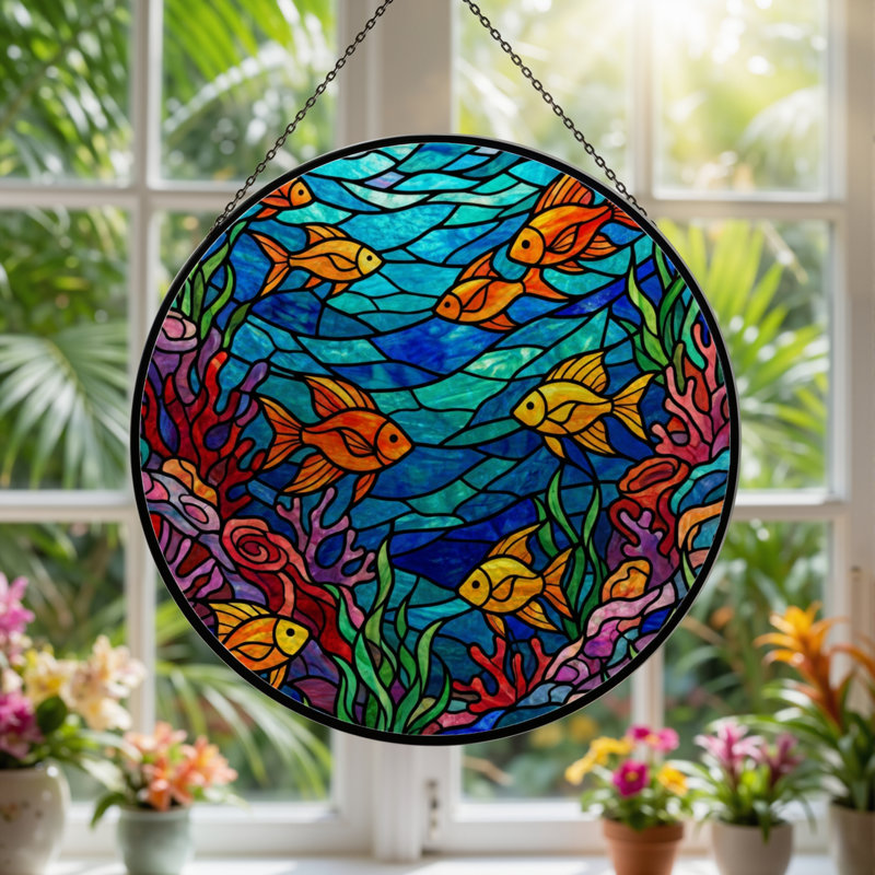 7.8"H Underwater Scene Stained Glass Window Panel, 7.8" H x 7.8" W