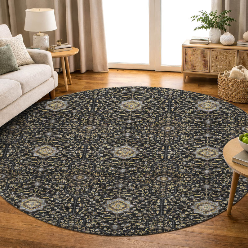 Premium Machine Washable Mayfield AMF2409 Oriental Rug, 8' Round, Black