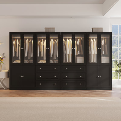 Wardrobe Closet Set Of 4, Armoire Wardrobe With 3 Drawers And Light & Clear Glass Door Modern Armoire With Shelf And Hanging Rod