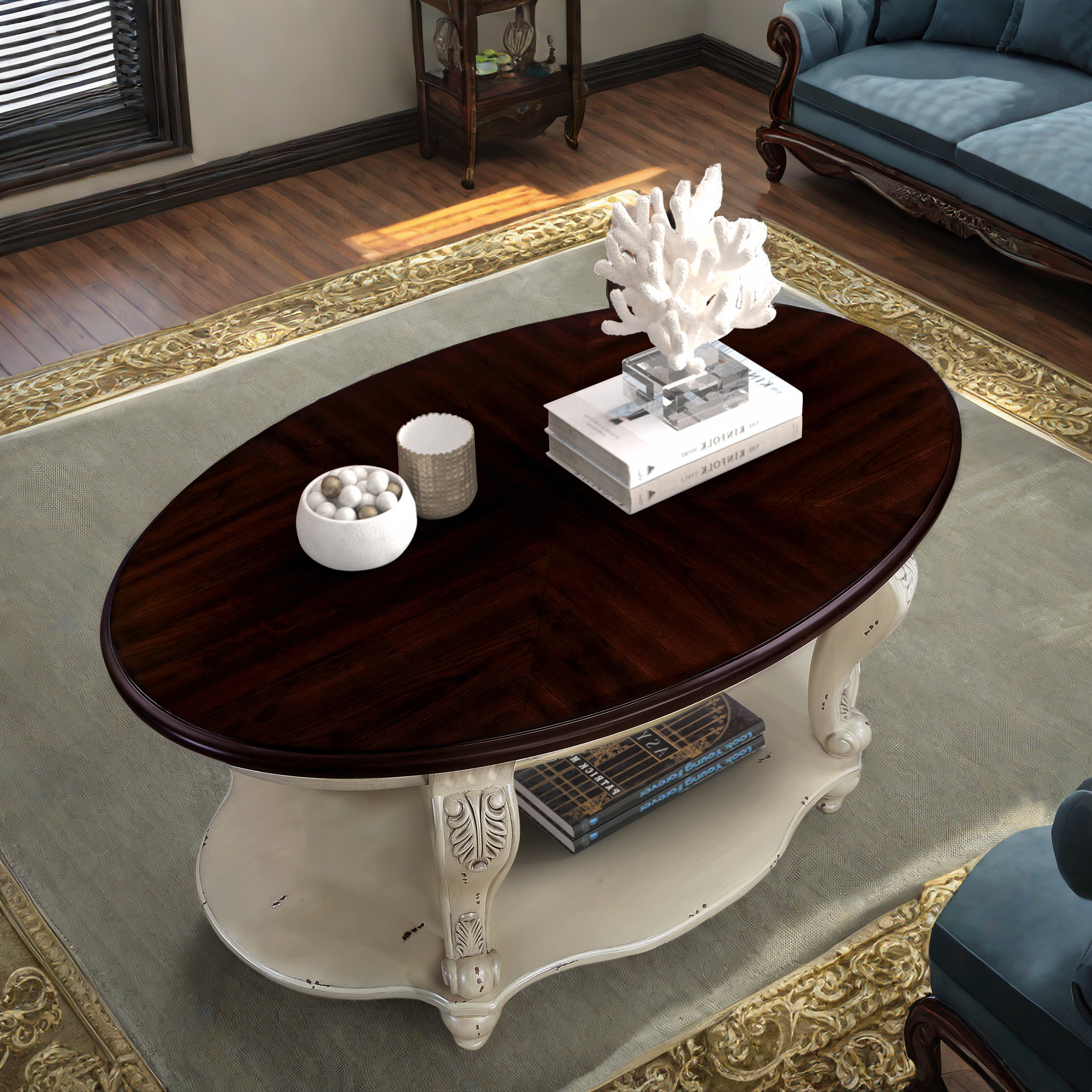 August Grove® American Style Oval Coffee Table With 2 Tiers And Floral ...