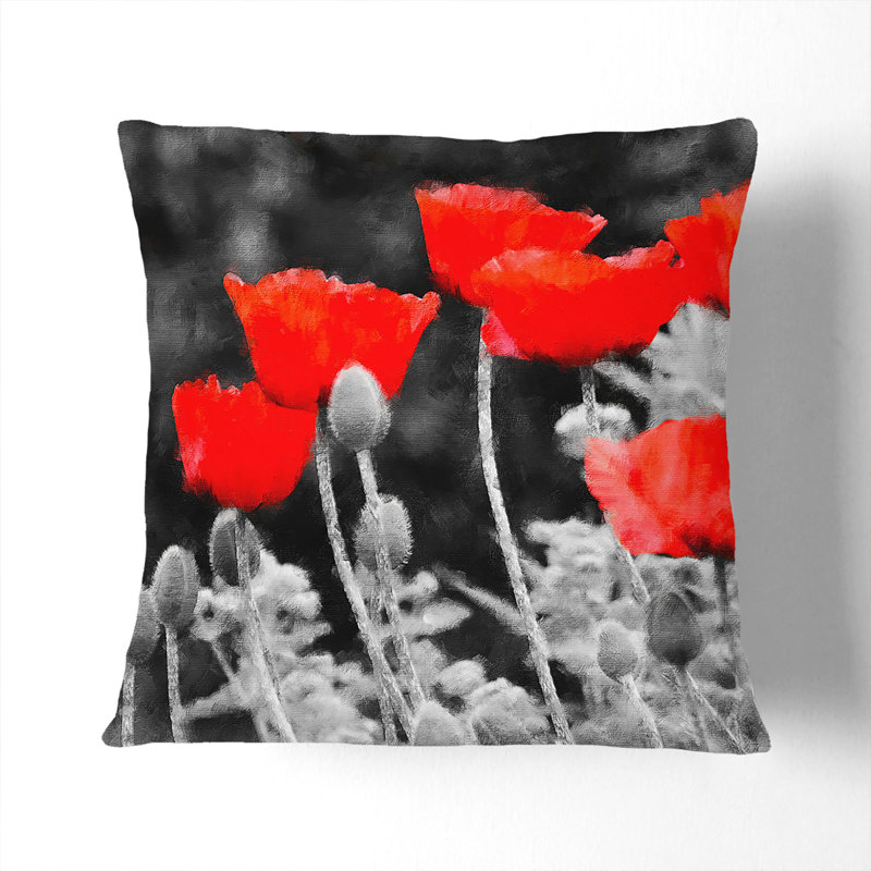 Poppy Field Painting Cushion with Filling, 55cm H x 55cm W x 20cm D, Black