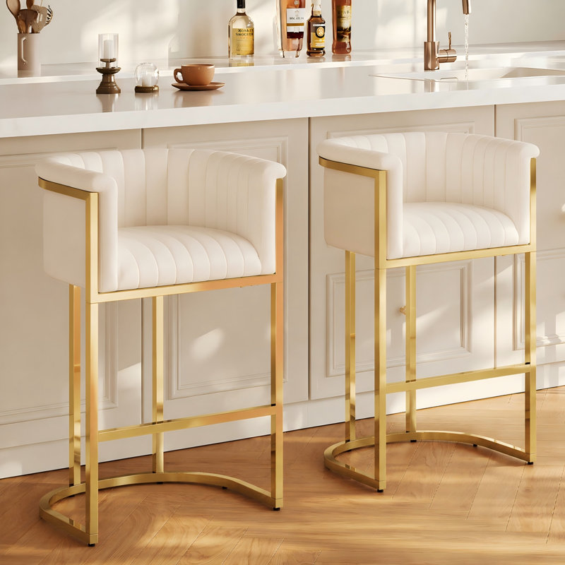 Tabouret de bar 26 po à hauteur de comptoir avec dossier, cuir de polyuréthane blanc cassé, Doré, Simili cuir blanc