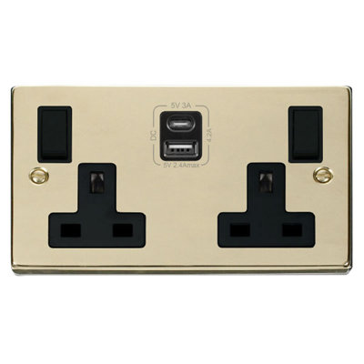 Polished Brass 2 Gang 13A Type A & C USB Twin Double Switched Plug Socket