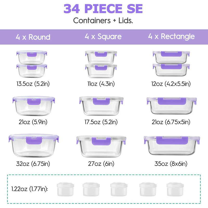 34-Piece Clear Glass Food Storage Containers with Purple Lids