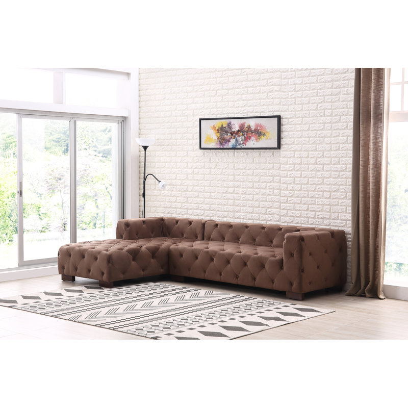 Velvet L-Shaped Sectional, Brown Velvet, Left Hand Facing