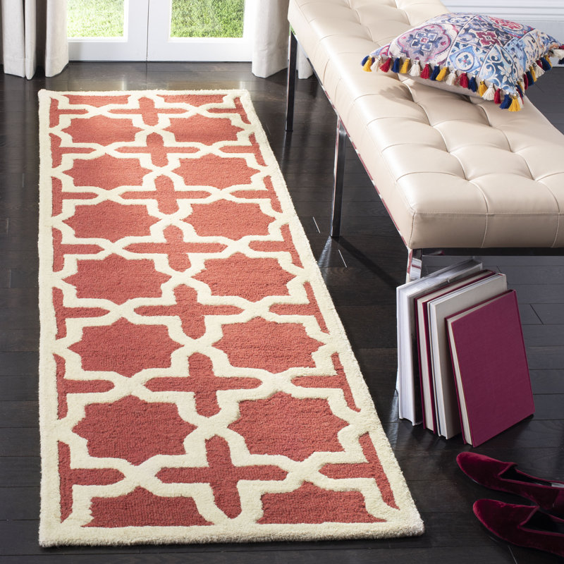 Tapis rouille en laine touffeté à la main à motif géométrique, Tapis de couloir 2 pi 6 po x 12 pi