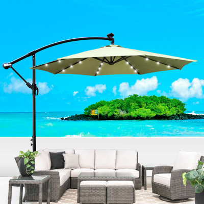 Parasol à DEL 10 pi pour jardin Pare-soleil imperméable avec 8 nervures et manivelle. Stabilité de la base croisée. Auvent. Rouille - poteau en acier. Lumières à économie d'énergie. Installation facile. Lime.