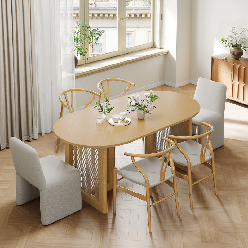 Midkiff 33.5"W×30"H Oval Dining Table Kitchen Table with Rattan Double Pedestal Base, 30"H x 67"L x 33.5"W, Natural Wood