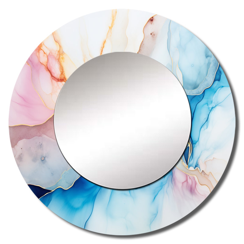 Saliye White And Blue Alcohol Ink Sky - Abstract Shapes Unique Wall Mirror, Modern Round Mirror, Printed Metal Art, 29" x 29"