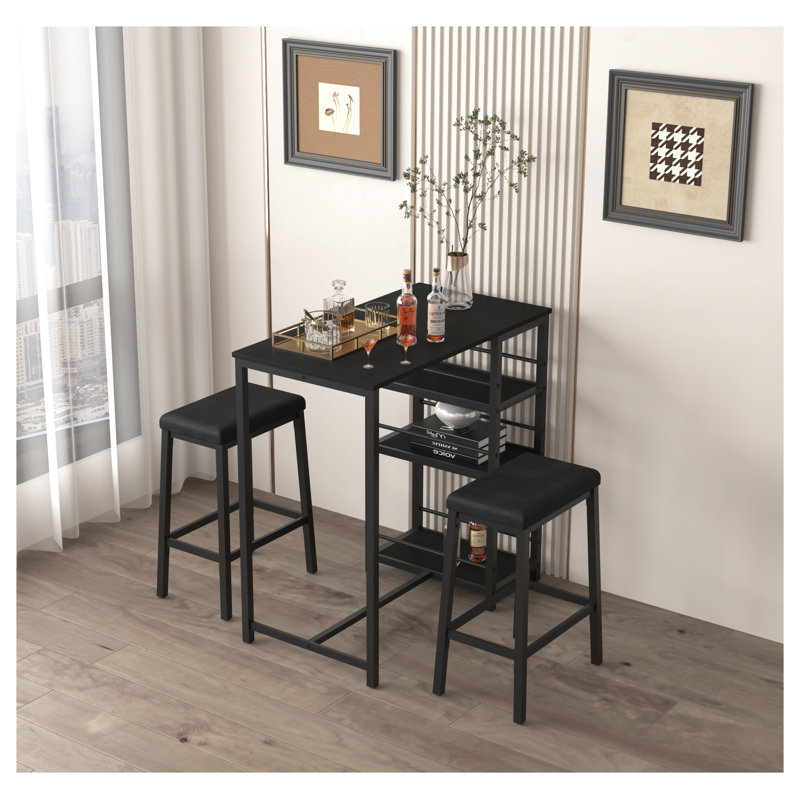 3-Piece Dining Table Set for Two with Storage Shelves, Includes Rectangular Table and 2 Square Stools in Black
