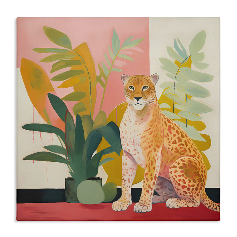 «Leopard Sitting with Plants», art mural sur toile par Walker Noble, H 17 po x l 17 po
