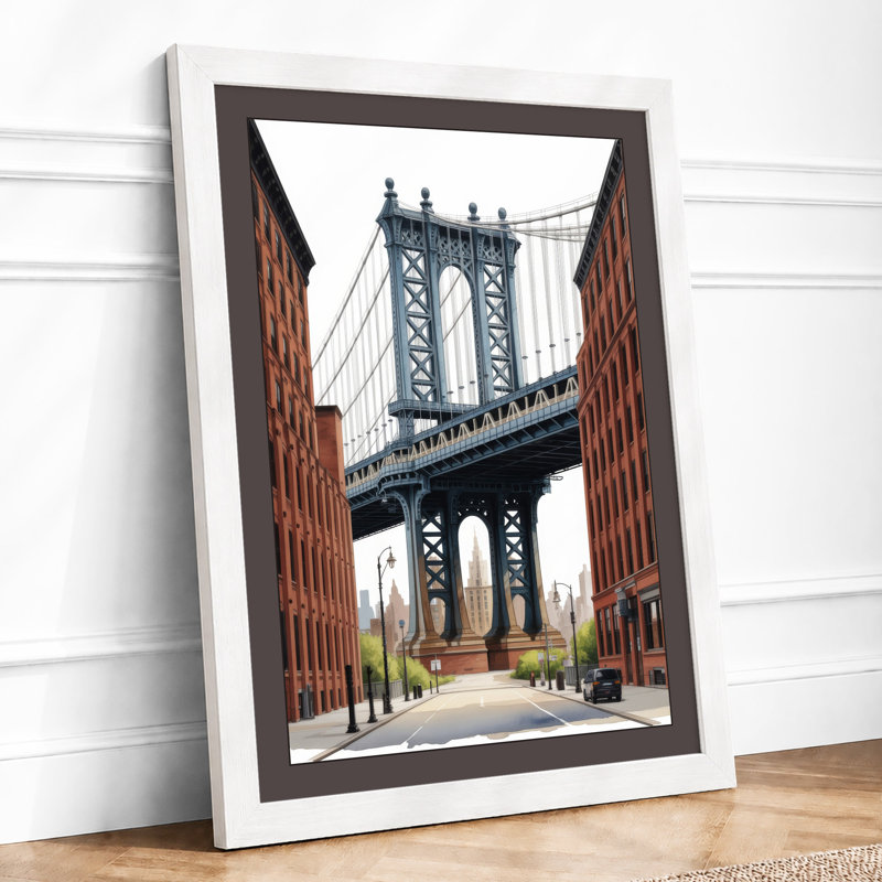Manhattan Bridge Framed Industrial - Framed Print, A3 - 42.0 x 29.7 cm, White