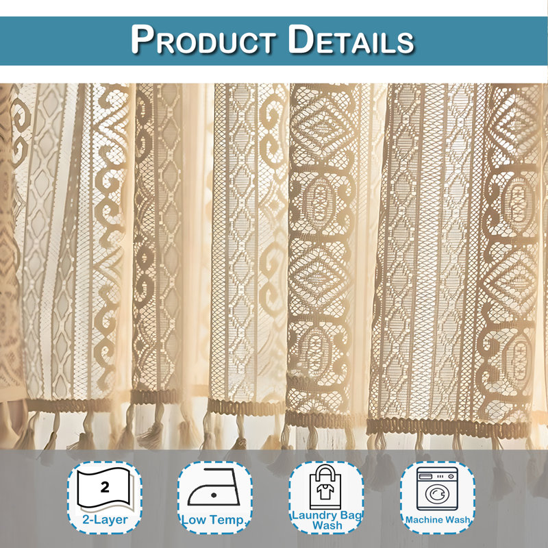 Boho Tassels Sheer Short Curtain 2 Layer Gauze Drape Valance Panel, 29"W x 24"L