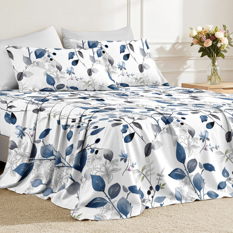 Ensemble de draps fleuris bleus 4 pièces, taille king, drap-housse fleuri avec taies d'oreiller, ensemble de literie nature fraîche