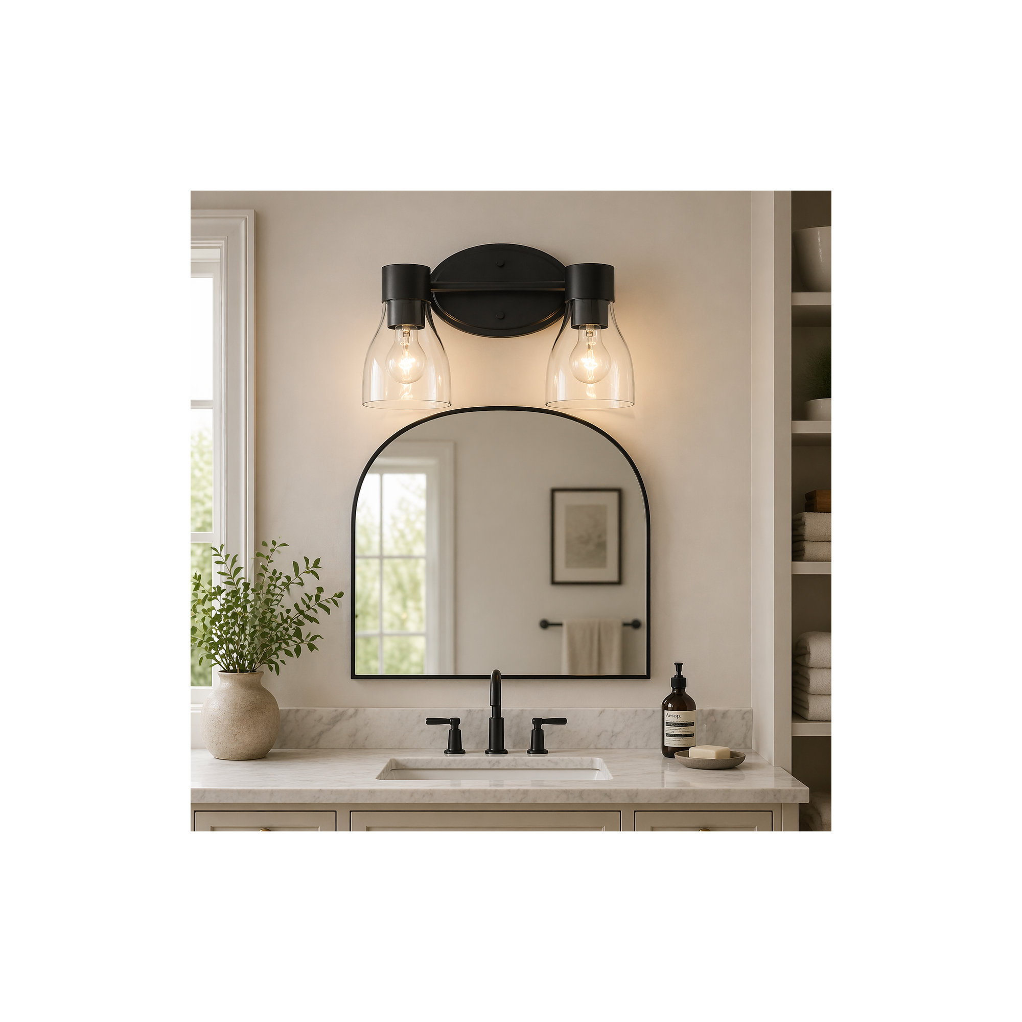 3-Light Brushed Brass Vanity Light with Clear Glass Shades, 2, Satin Black