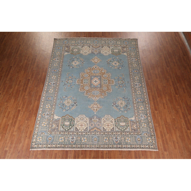 Tapis bleu clair à motif géométrique traditionnel 10 x 13