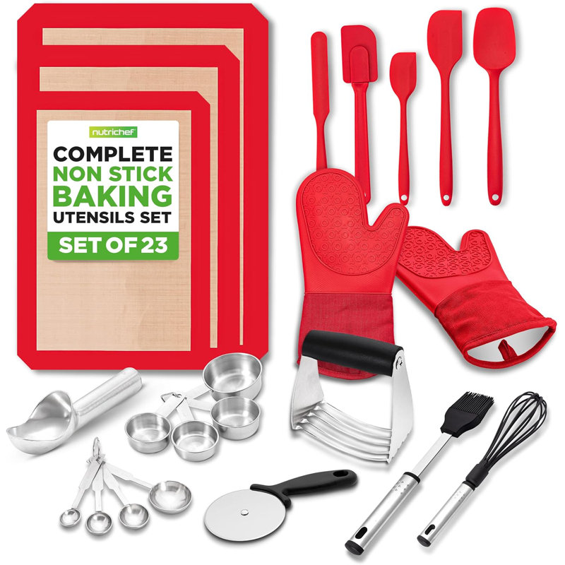 Ensemble de 23 ustensiles de cuisson essentiels Nuthausf - Tasses à mesurer et cuillères, grattoir, gants de cuisine, fouet, tapis de cuisson en silicone et plus - Va au lave-vaisselle, parfait pour la cuisson et la cuisson (rouge)