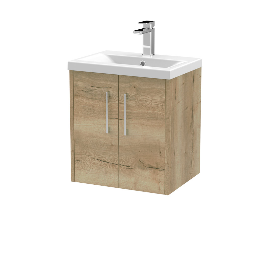 B&Q - Juno Wall Hung 2-Door Vanity Unit With Mid-Edge 1 Tap Hole Basin In Autumn Oak Textured Woodgrain Finish500mm - Image 2
